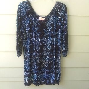 Santiki Rosetta Batiki Dress Black Background Shades of Blue 3/4 Sleeve SZ Small